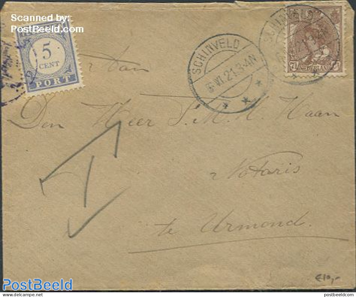 Netherlands 1921 Postage Due 5 Cent, Postal History - Storia Postale