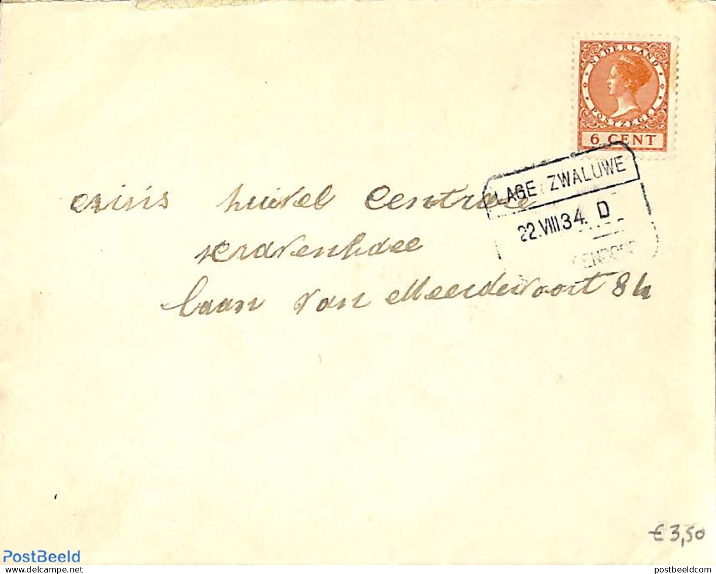 Netherlands 1934 Envelope From Lage Zwaluwe, RAILWAY POSTMARK, Postal History, Railways - Briefe U. Dokumente