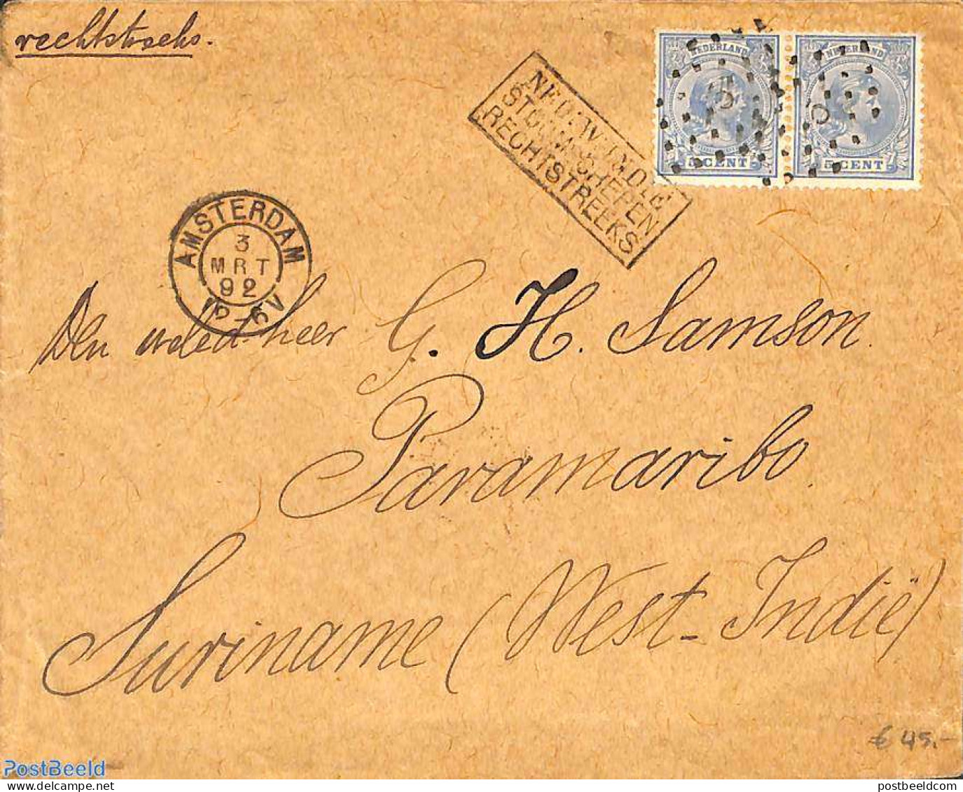 Netherlands 1893 Cover From Amsterdam To Paramaribo, See Its Postmark On The Behind. Seamail, See Postmark. 2 X Prince.. - Lettres & Documents