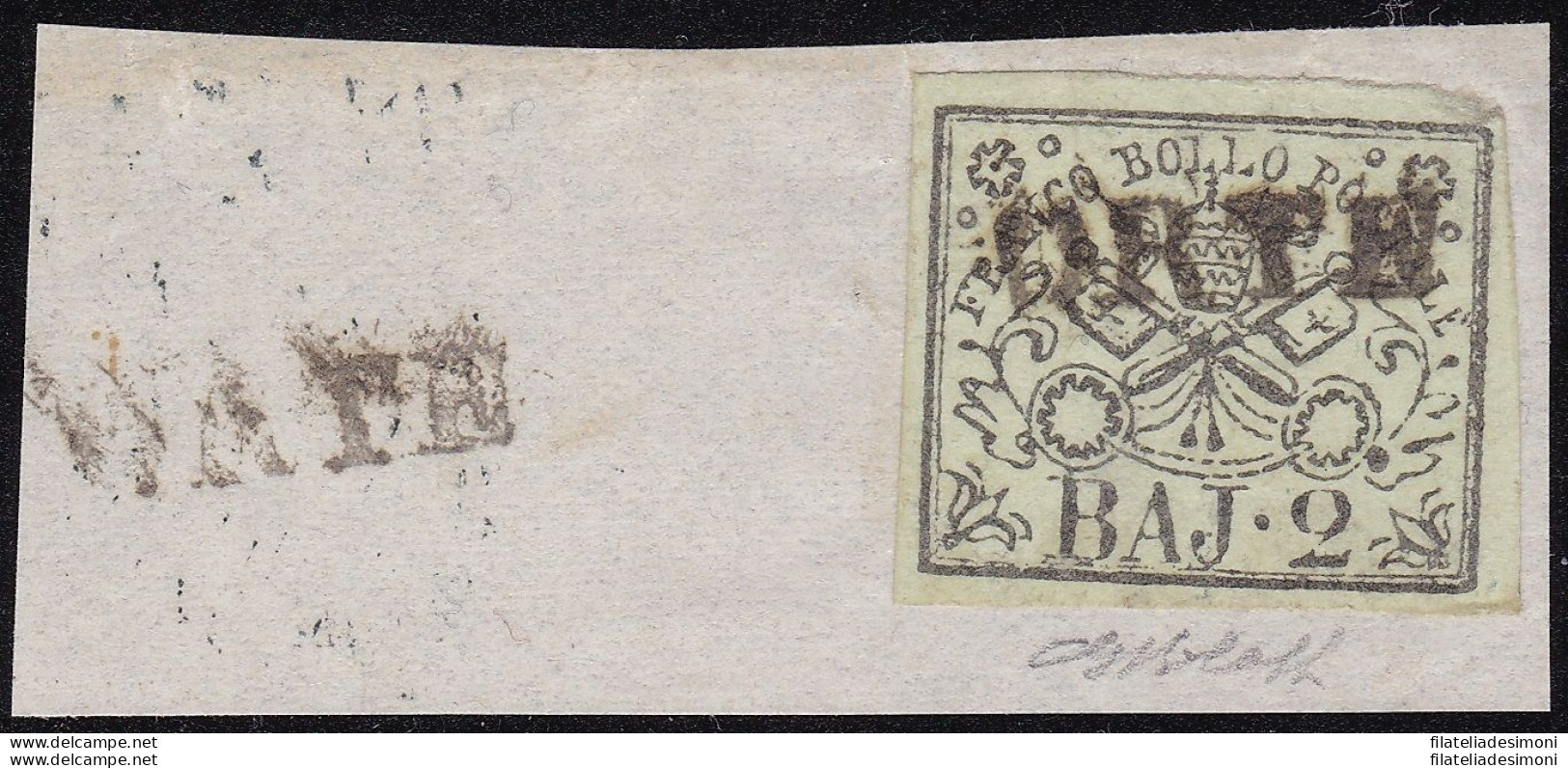 1852 Stato Pontificio, 2 Baj Verde Oliva Chiaro N° 2 Su Frammento Firma Bolaffi - Papal States