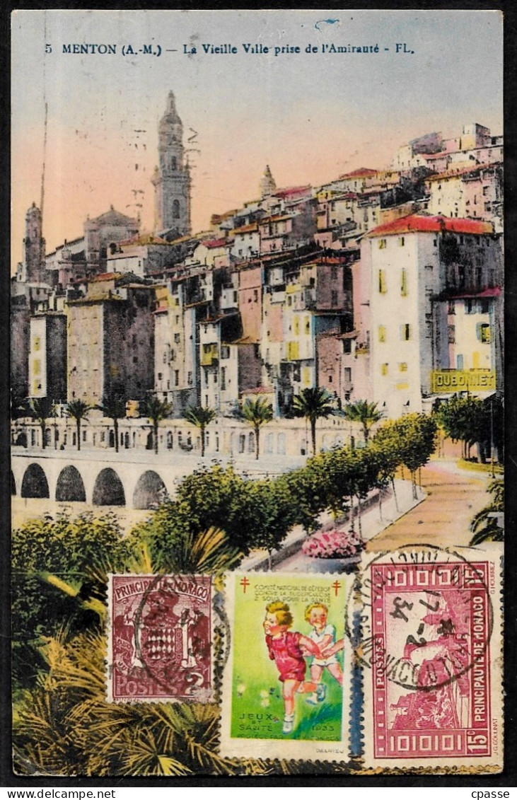 98 MONACO Affranchissement Avec Vignette Tuberculose Entre 2 Timbres Sur CPA De 06 Menton, Flamme Au Dos - Marcophilie