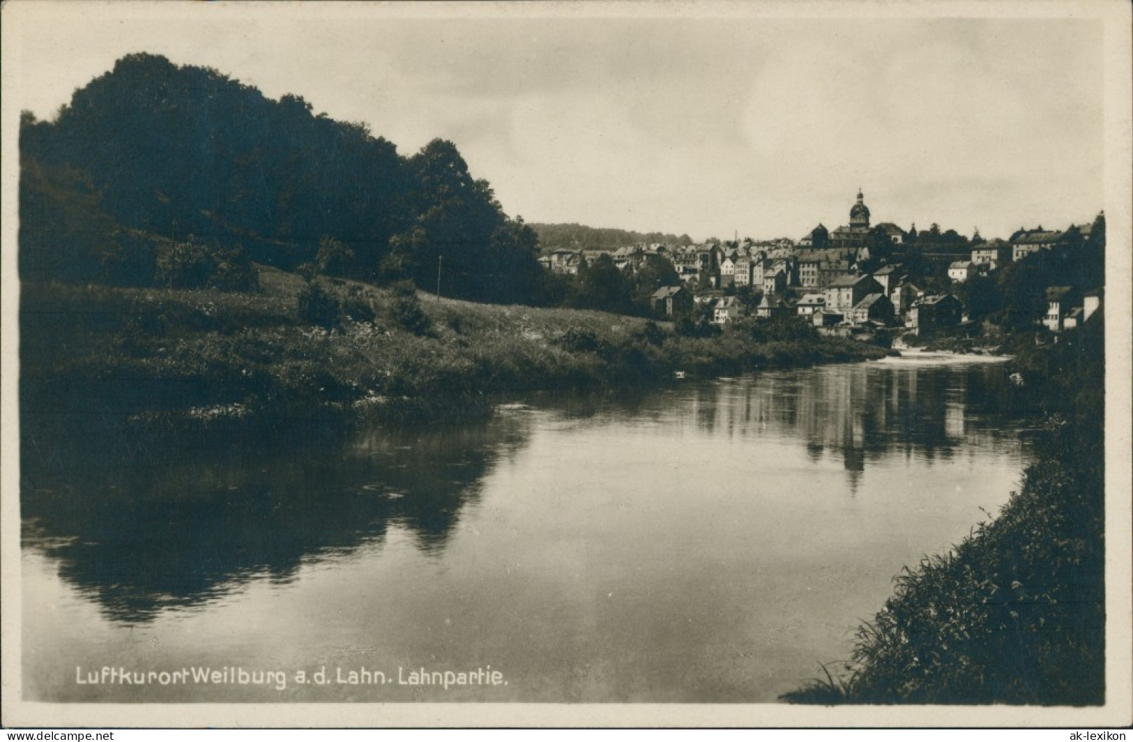 Weilburg (Lahn) Panorama Fluss Lahn, Teilansicht, Echtfoto-AK 1937 - Weilburg