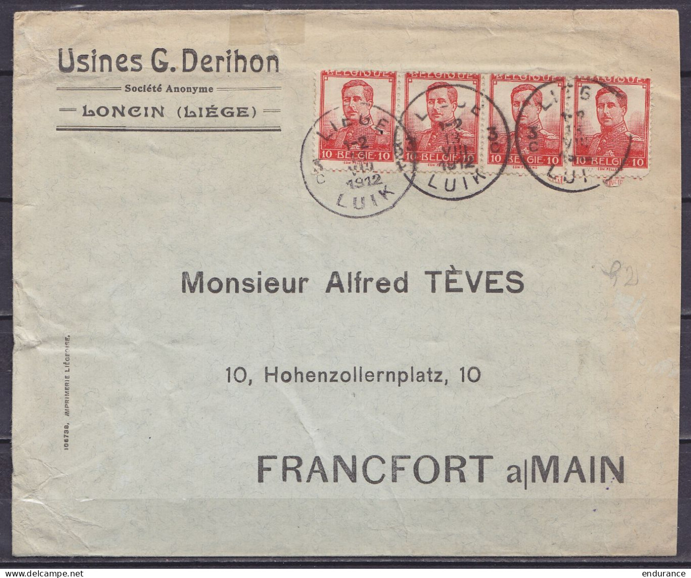 Env. "Usines D. Derihon Loncin" Affr. Bande De 4x N°111 Càd LIEGE 3/13 VIII 1912/ LUIK 3 Pour FRANCFORT A/MAIN Allemagne - 1912 Pellens