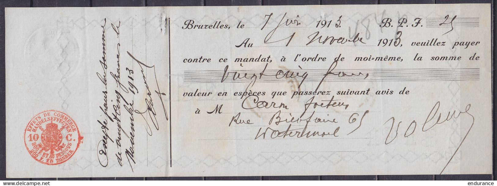 Mandat De 25f Timbré 10c Affr. N°110+113 Càd "BRUSSEL 1/25 X 1913/ BRUXELLES 1" - 1912 Pellens