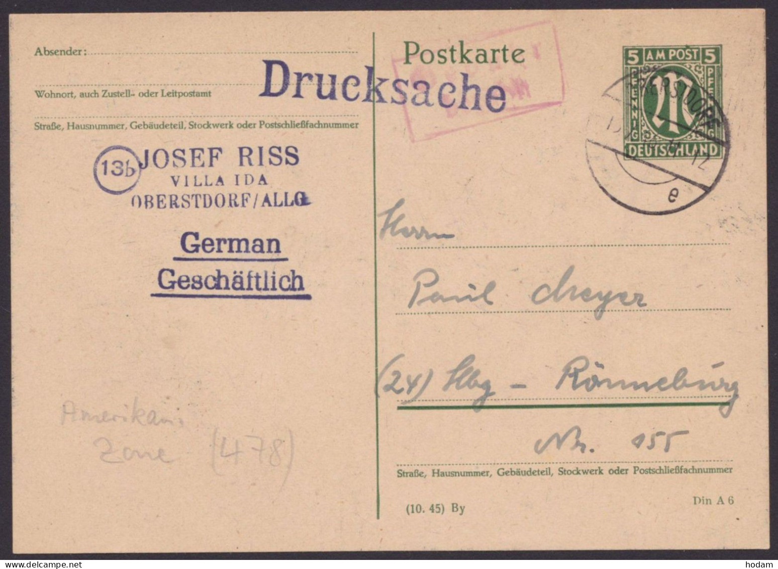 Oberstdorf: P902, O, Bedarfs-Drucksache, Ra "Gebühr Bezahlt", 15.7.46 - Covers & Documents