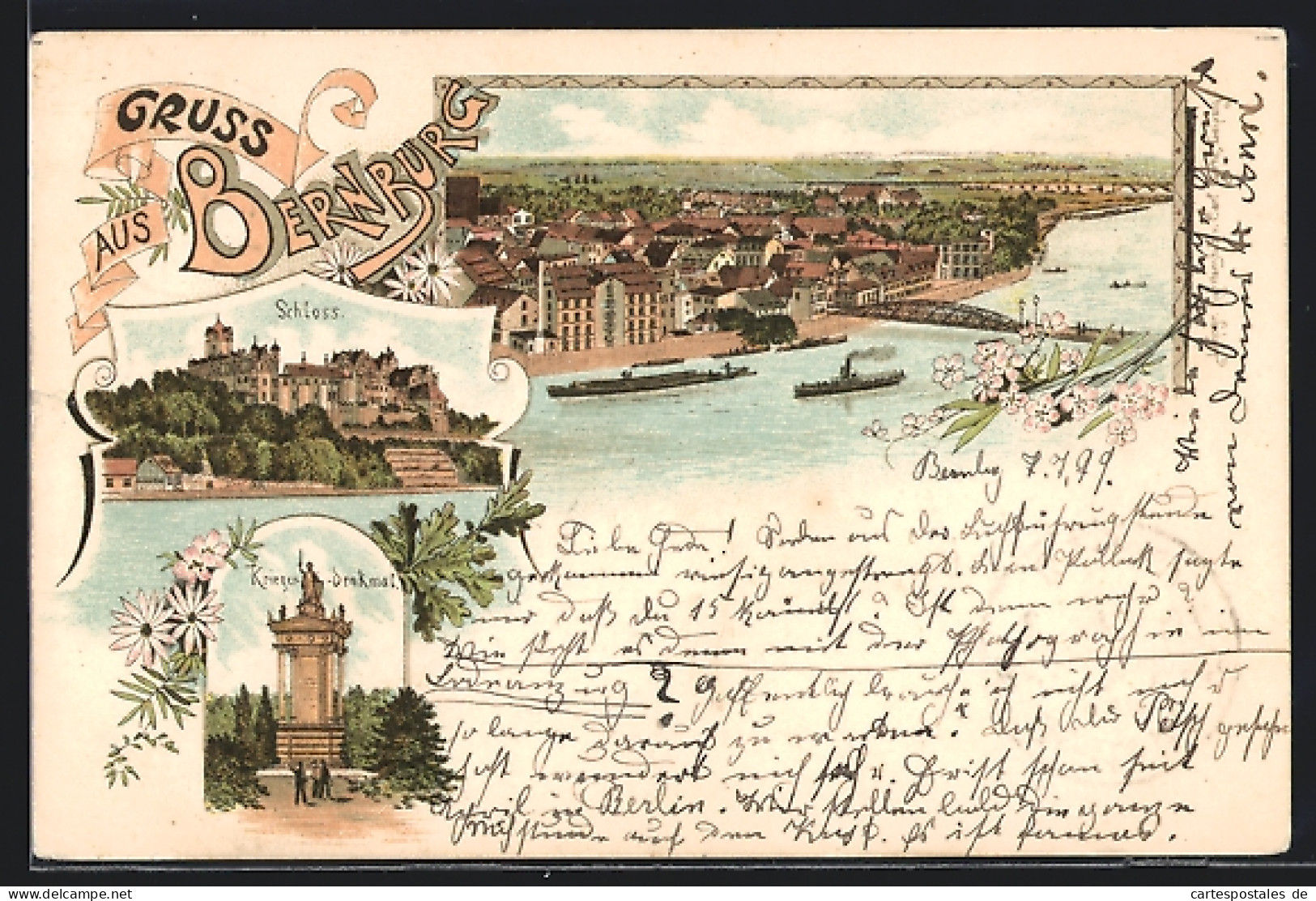 Lithographie Bernburg, Ortsansicht Aus Der Vogelschau, Blick Auf Schloss Und Krieger-Denkmal  - Bernburg (Saale)