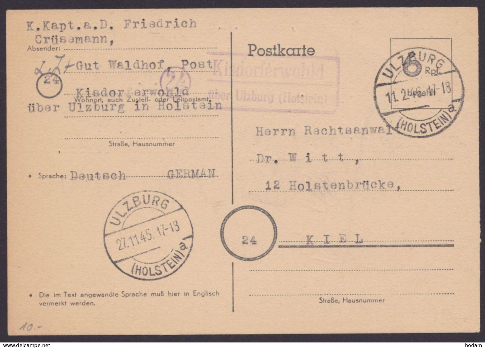 Ulzburg/Holstein: P671, O, Bedarf, Landpost,"Kisdorferwohld über Ulzburg", 11.2.46 - Lettres & Documents