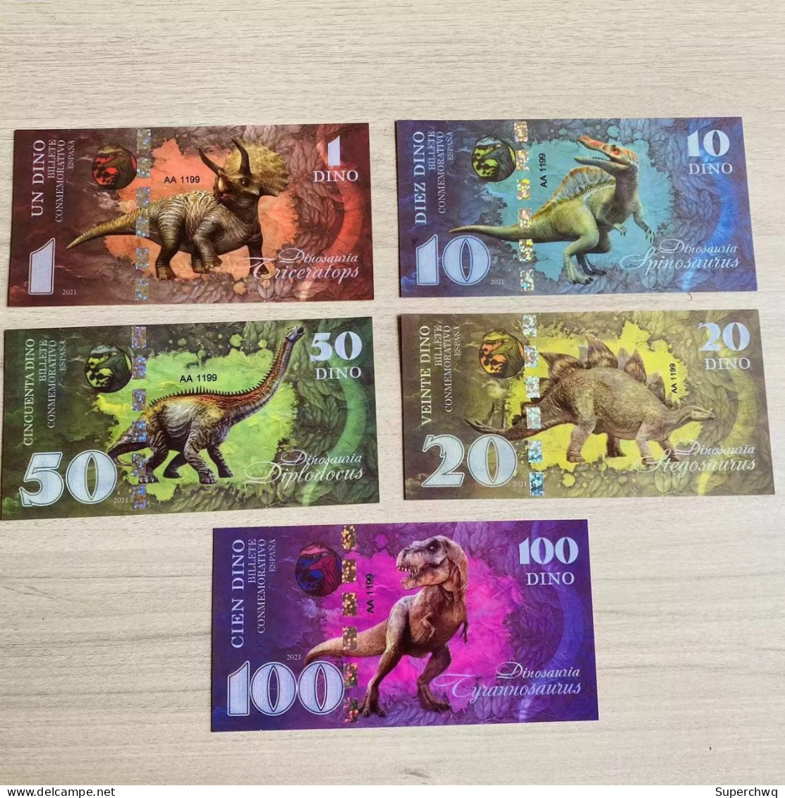 5 Complete Sets Of Jurassic Dinosaur Series Plastic Commemorative Fluorescent Banknotes，UNC - Chine