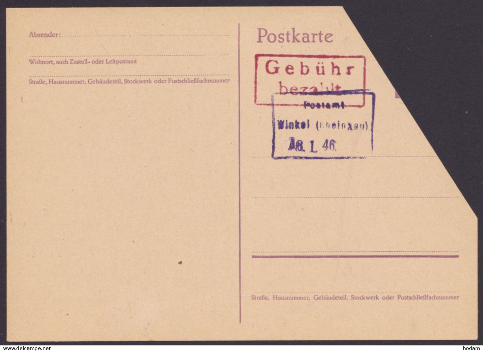 Winkel: DR P300, *, Wertstempel Abgeschnitten, Ra "Gebühr Bezahlt", Notstempel 16.1.46, Blanko, Seltenes Stück - Lettres & Documents