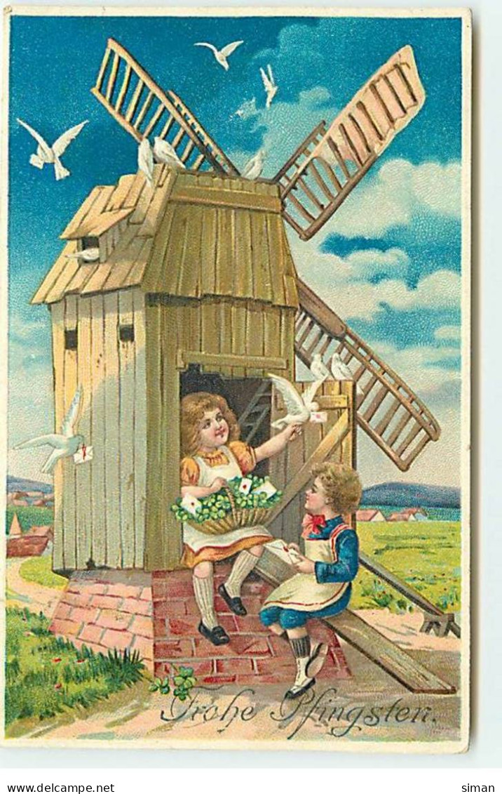 N°20524 - Carte Gaufrée - Fröhe Pfingsten -Enfants Assis Près D'un Moulin à Vent Avec Des Colombes Apportant Des Lettres - Pentecost