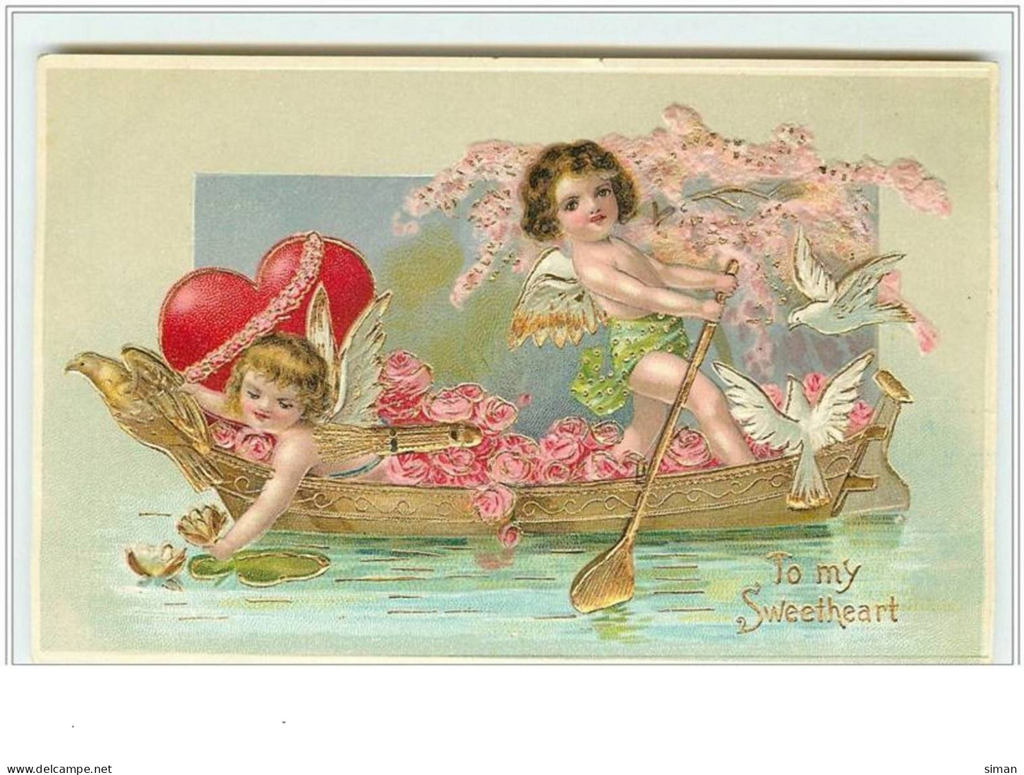 N°2449 - Carte Gaufrée - To My Sweetheart - Angelots Sur Une Barque - Saint-Valentin