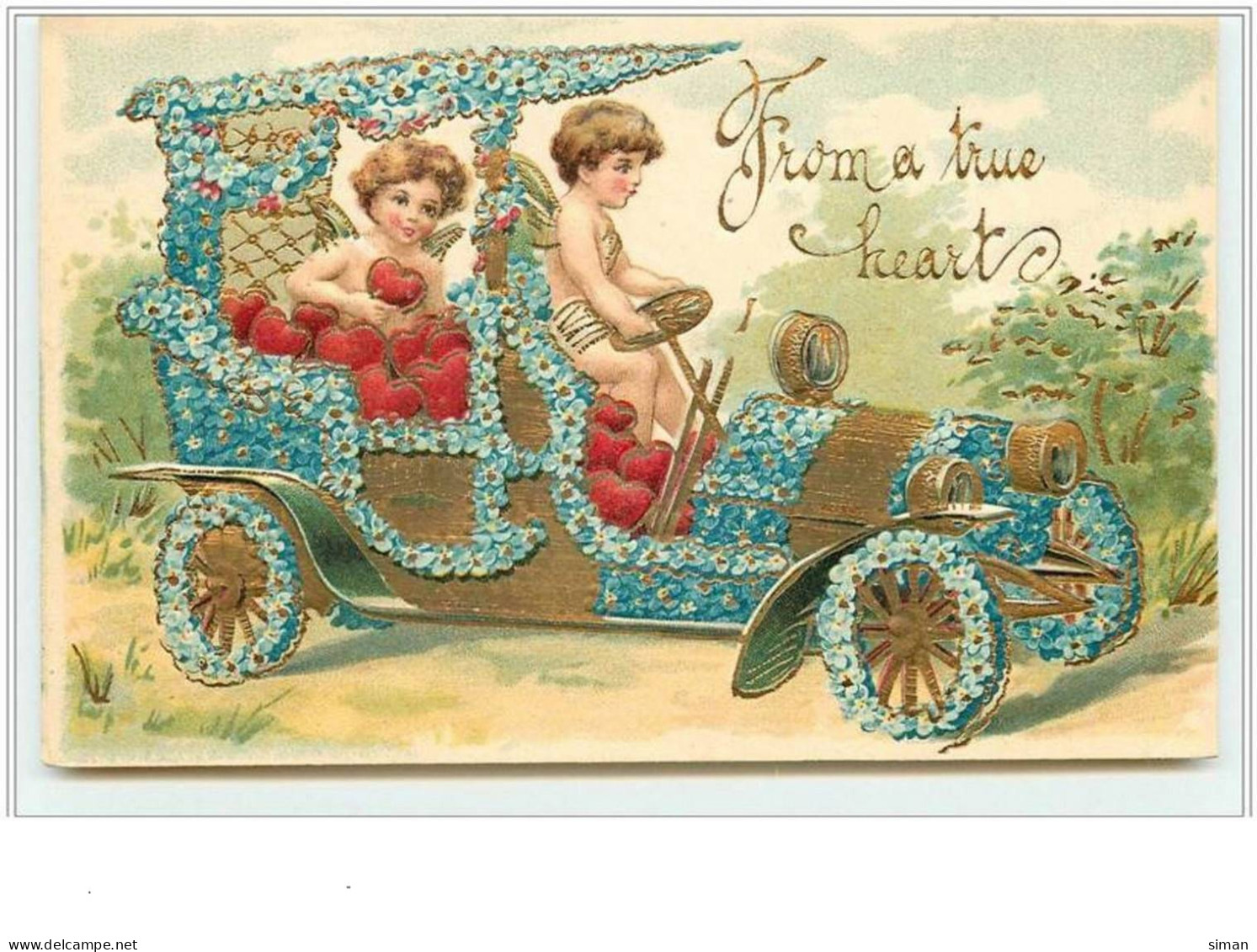 N°2154 - Carte Gaufrée - From A True Heart - Angelots Avec Des Coeurs Dans Une Voiture - Valentine's Day