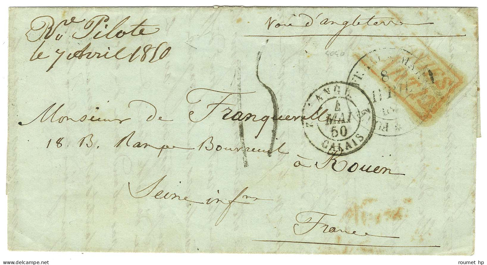 Lettre Avec Texte Daté De Rivière Pilote Le 7 Avril 1850 Pour Rouen. Au Recto, Marque Postale Manuscrite De Départ '' Rr - Poste Maritime