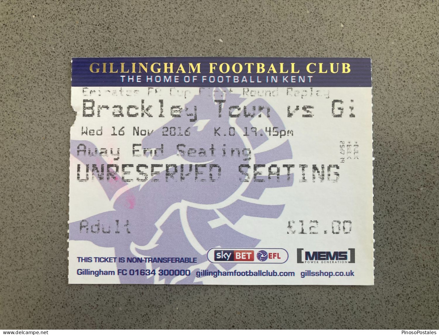 Gillingham V Brackley Town 2016-17 Match Ticket - Tickets & Toegangskaarten