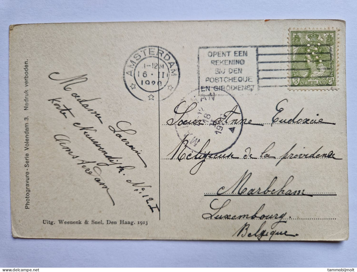 Netherlands. Postal Card From Amsterdam To Luxembourg. NVPH 57 With Perfin K 1 - Volendam