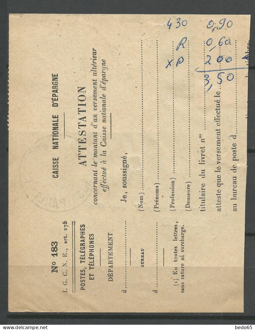 Fragment D'ATTESTATION DE CAISSE NATIONLE D'EPARGNE N° F113 / 93 OBL  / Used - Fictifs