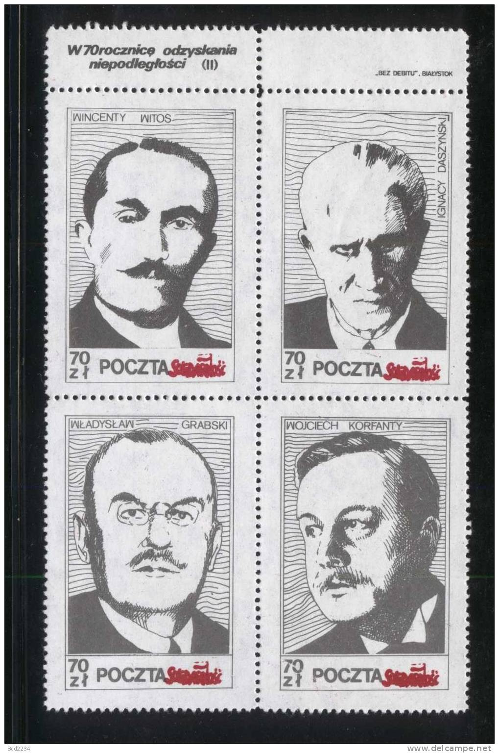 POLAND SOLIDARNOSC (POCZTA SOLIDARNOSC) 1988 70TH ANNIV OF INDEPENDENCE SET OF 2 BLOCKS OF 4 (SOLID0158/0362) - Vignette Solidarnosc