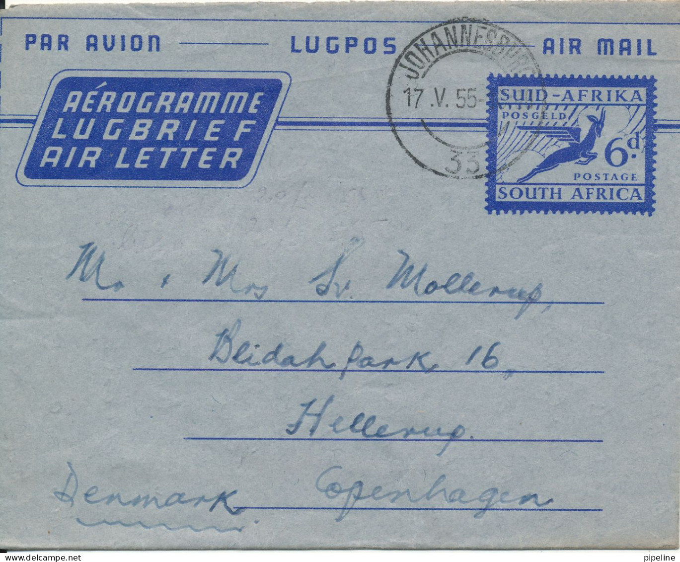 South Africa Aerogramme Sent To Denmark Johannesburg 17-5-1955 - Airmail