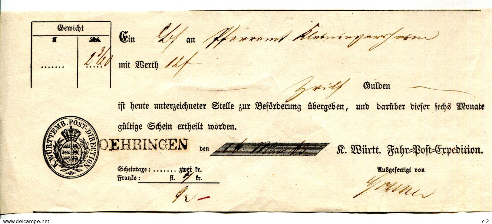 K.WURTEMB.POST-DIRECTION  - 16.03.1863 - Postschein OERINGEN - Lettres & Documents