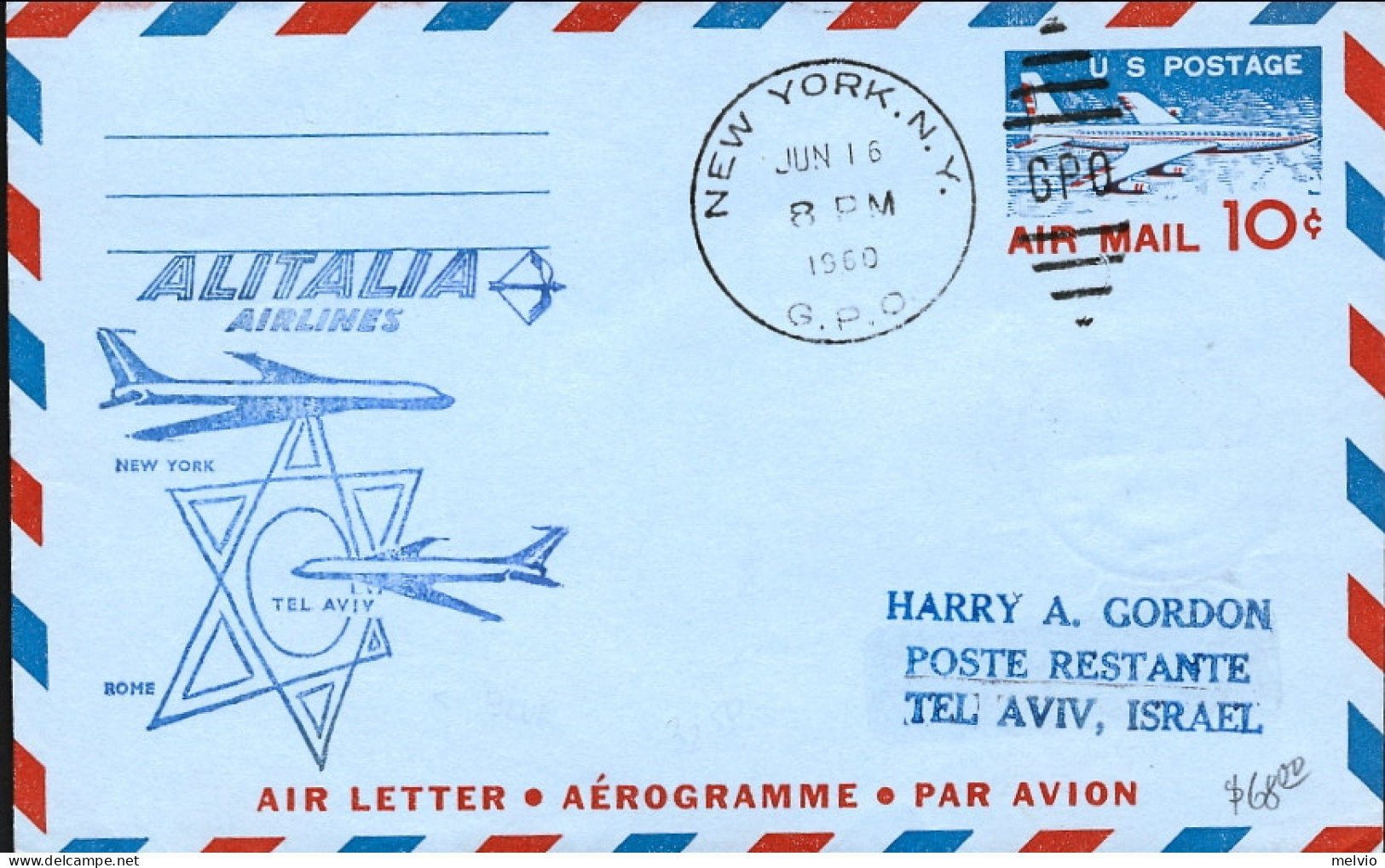 1960-U.S.A. Alitalia Del I^volo New York (NY) Tel Aviv Sulla Linea New York/Lydd - Sonstige & Ohne Zuordnung
