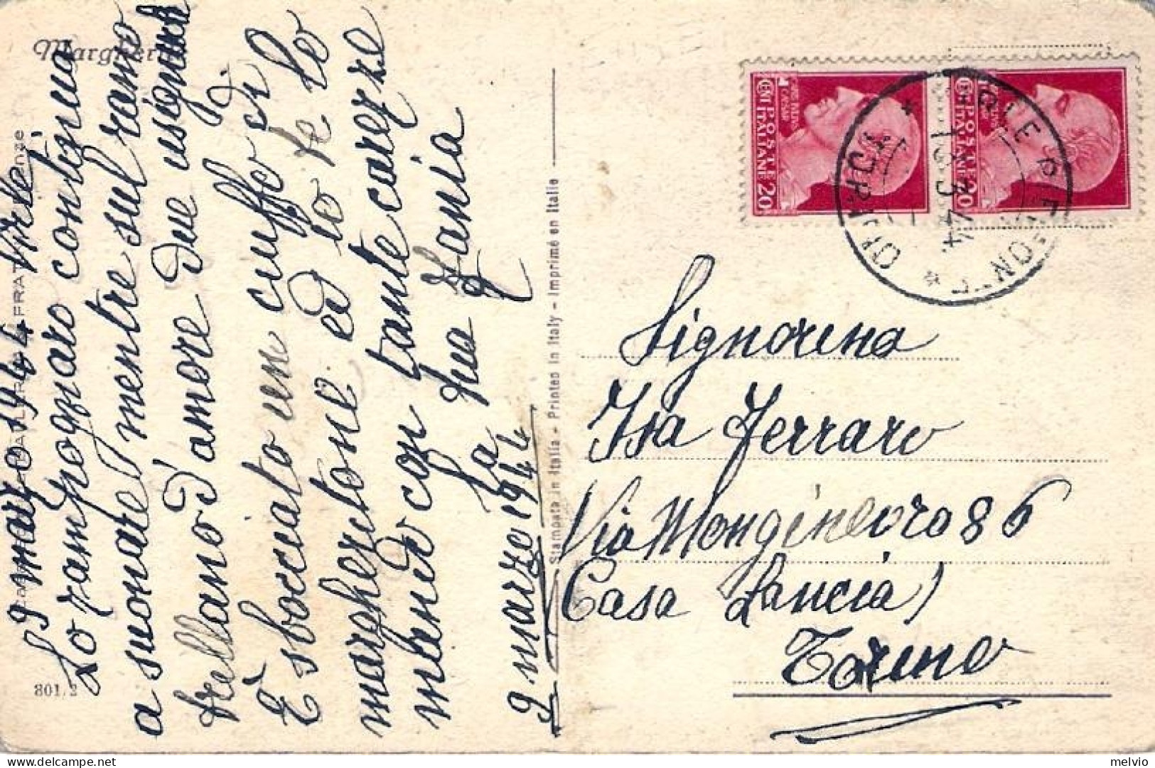 1944-cartolina Illustrata "margherite" Affrancata Coppia 20c.Imperiale Annullo V - Marcophilia