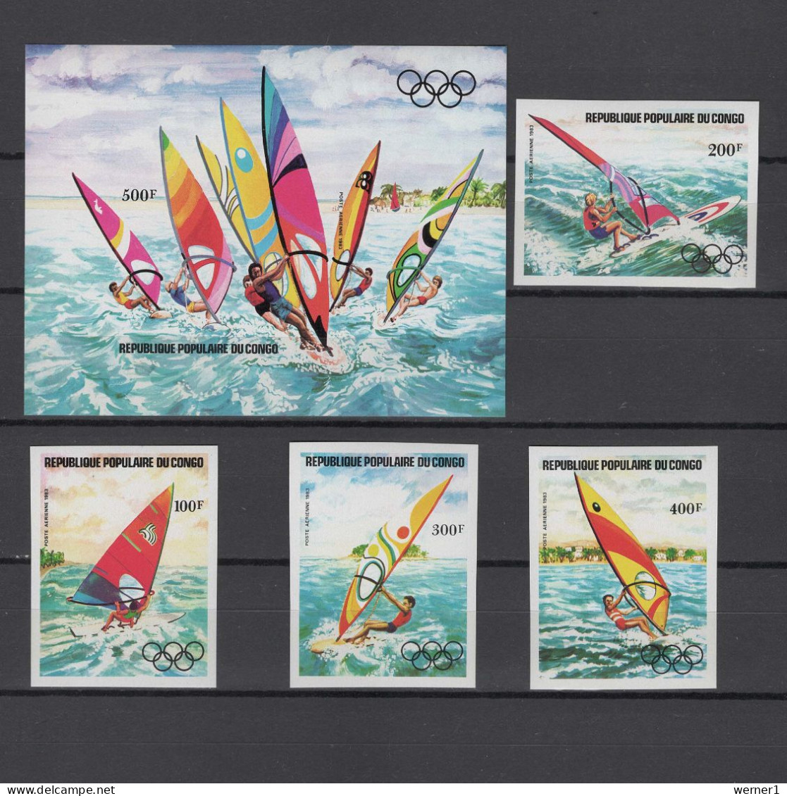 Congo 1983 Olympic Games Los Angeles, Windsurfing Set Of 4 + S/s Imperf. MNH -scarce- - Zomer 1984: Los Angeles