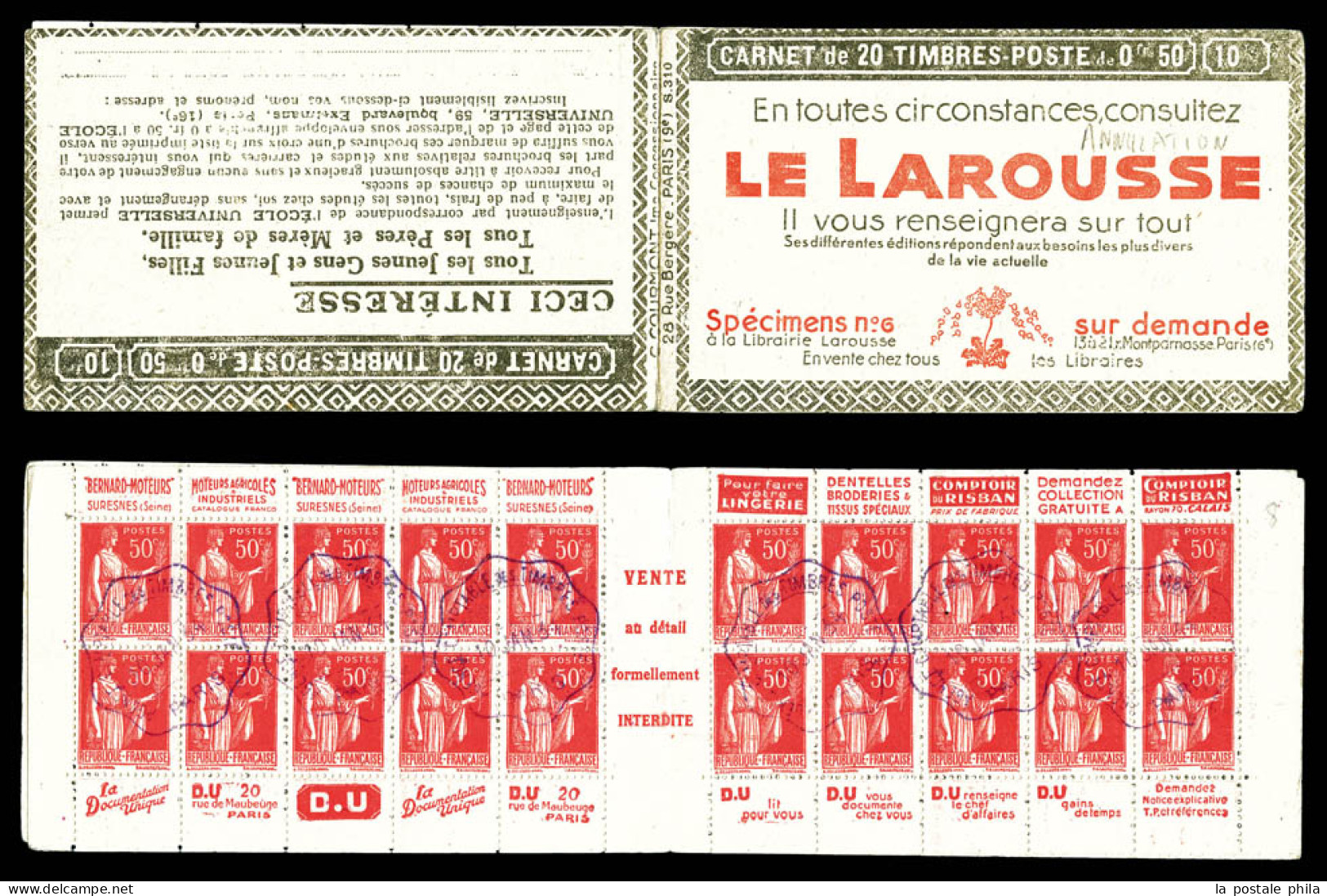 (*) N°283-C30ac, Série 310, ANNULATION DE L'AGENCE COMPTABLE Cachet Ondulé Violet Du 10 Janvier 1934, . B/TB. R.R.  Qual - Alte : 1906-1965