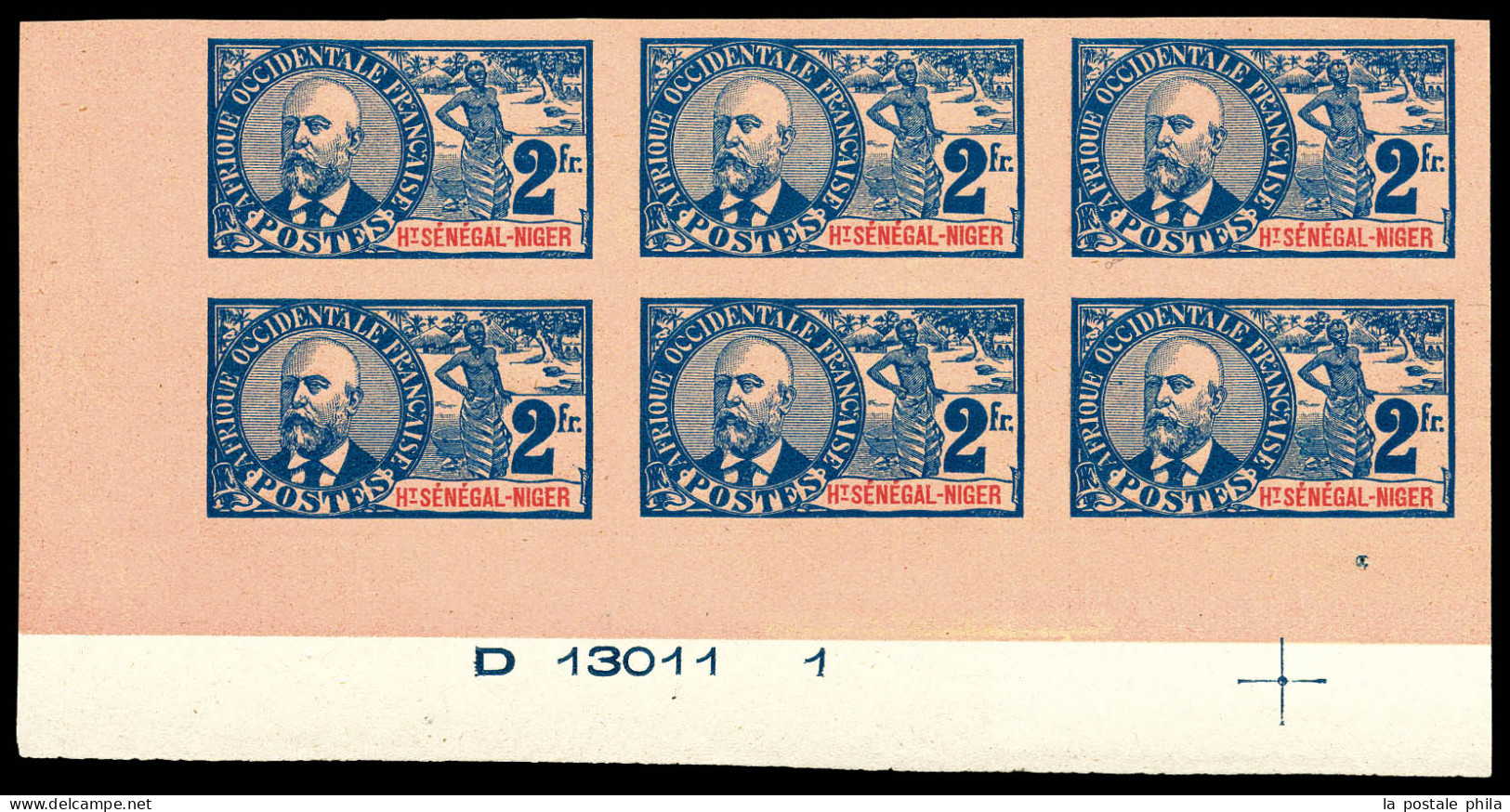 (*) N°16a, 2f Bleu Sur Rose Non Dentelé, Bloc De Six Cdf Avec Numéro Et Croix De Repère. SUP. R. (certificat)  Qualité:  - Unused Stamps