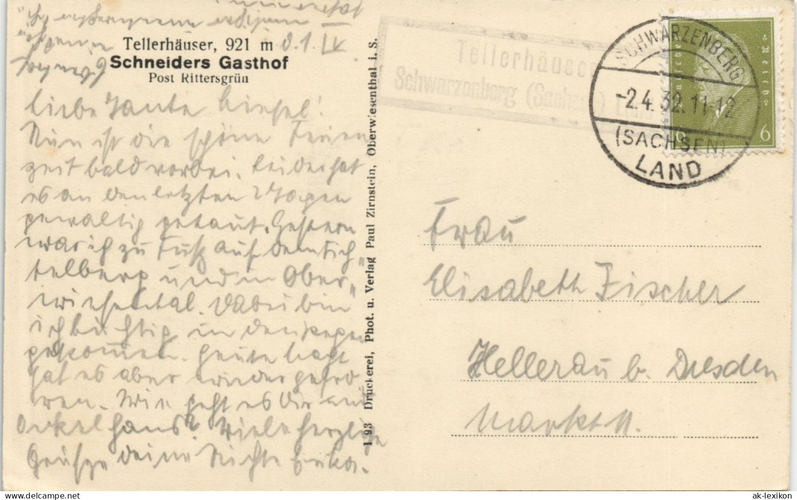 Tellerhäuser-Breitenbrunn (Erzgebirge) Winter Gel. Landpoststempel über SB 1932 - Breitenbrunn