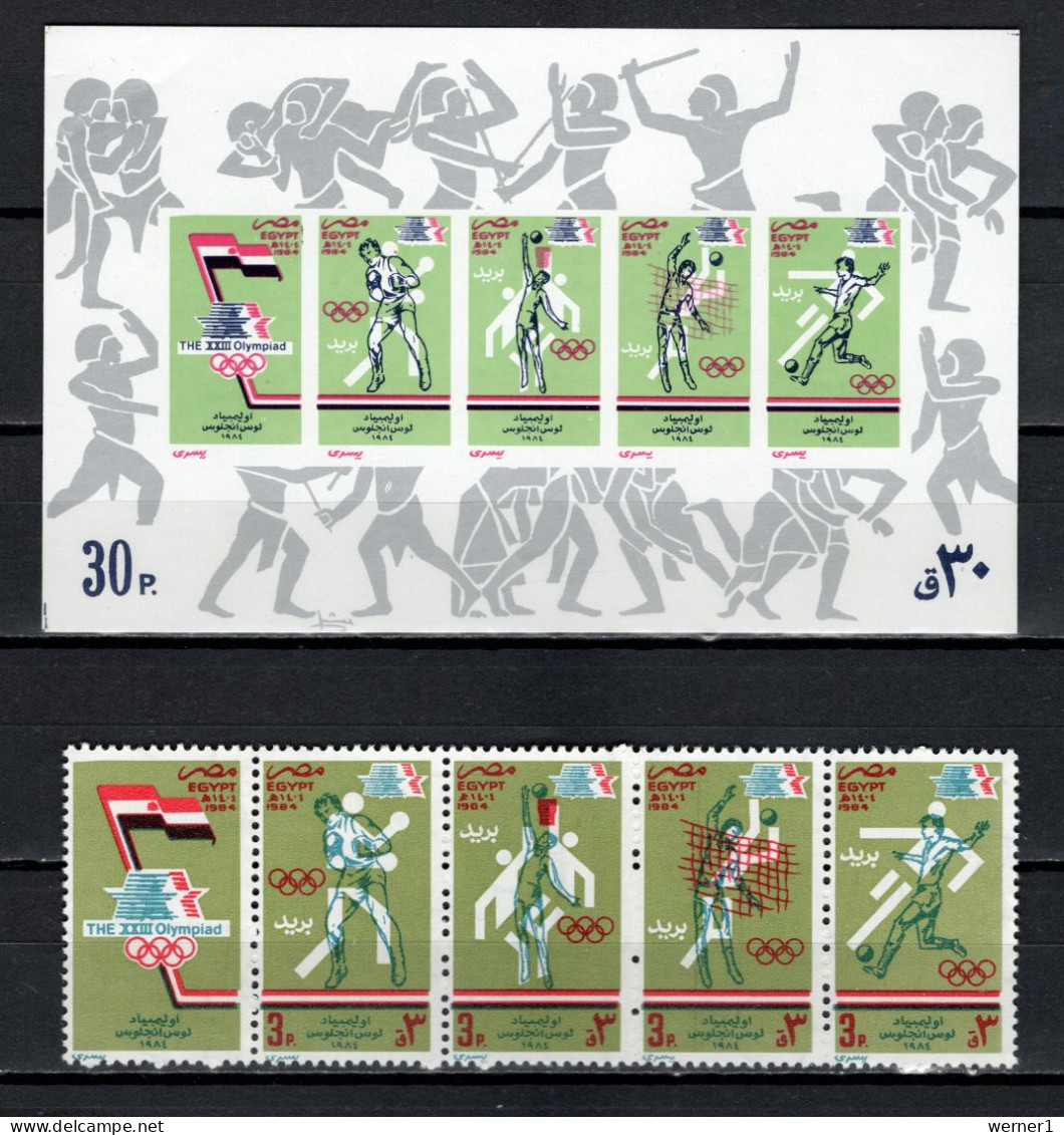 Egypt 1984 Olympic Games Los Angeles, Boxing, Basketball, Volleyball, Football Soccer Strip Of 5 + S/s MNH - Zomer 1984: Los Angeles