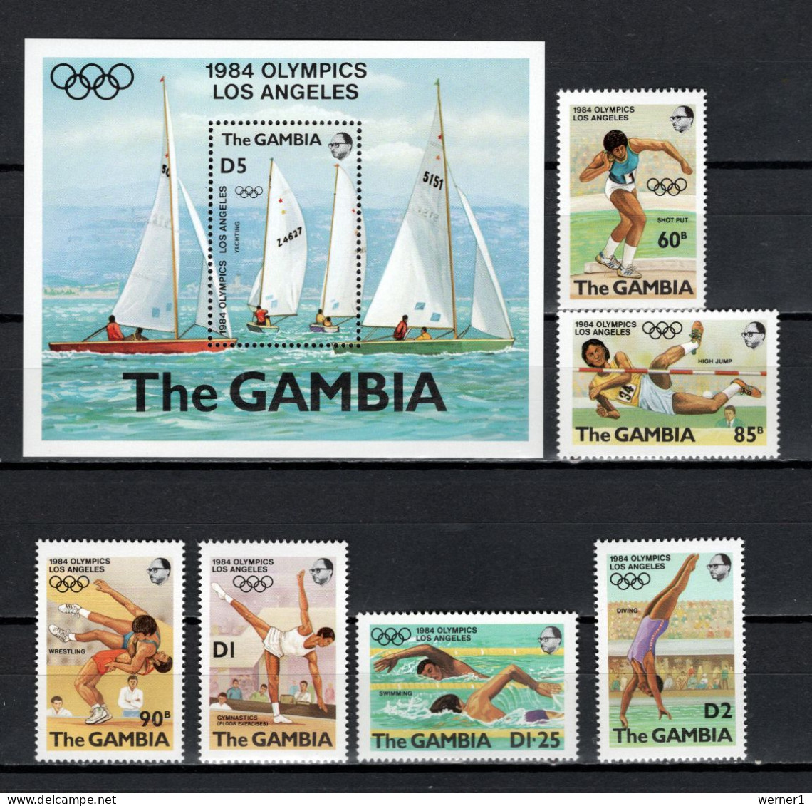 Gambia 1984 Olympic Games Los Angeles, Sailing, Wrestling, Swimming, Athletics Set Of 6 + S/s MNH - Zomer 1984: Los Angeles