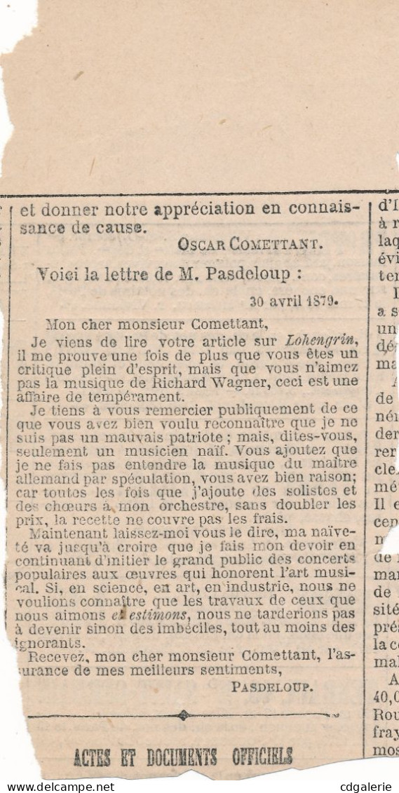 Jules PASDELOUP Lettre Autographe Signée Droit De Réponse à Comettant Lohengrin Wagner 1879 - Sänger Und Musiker