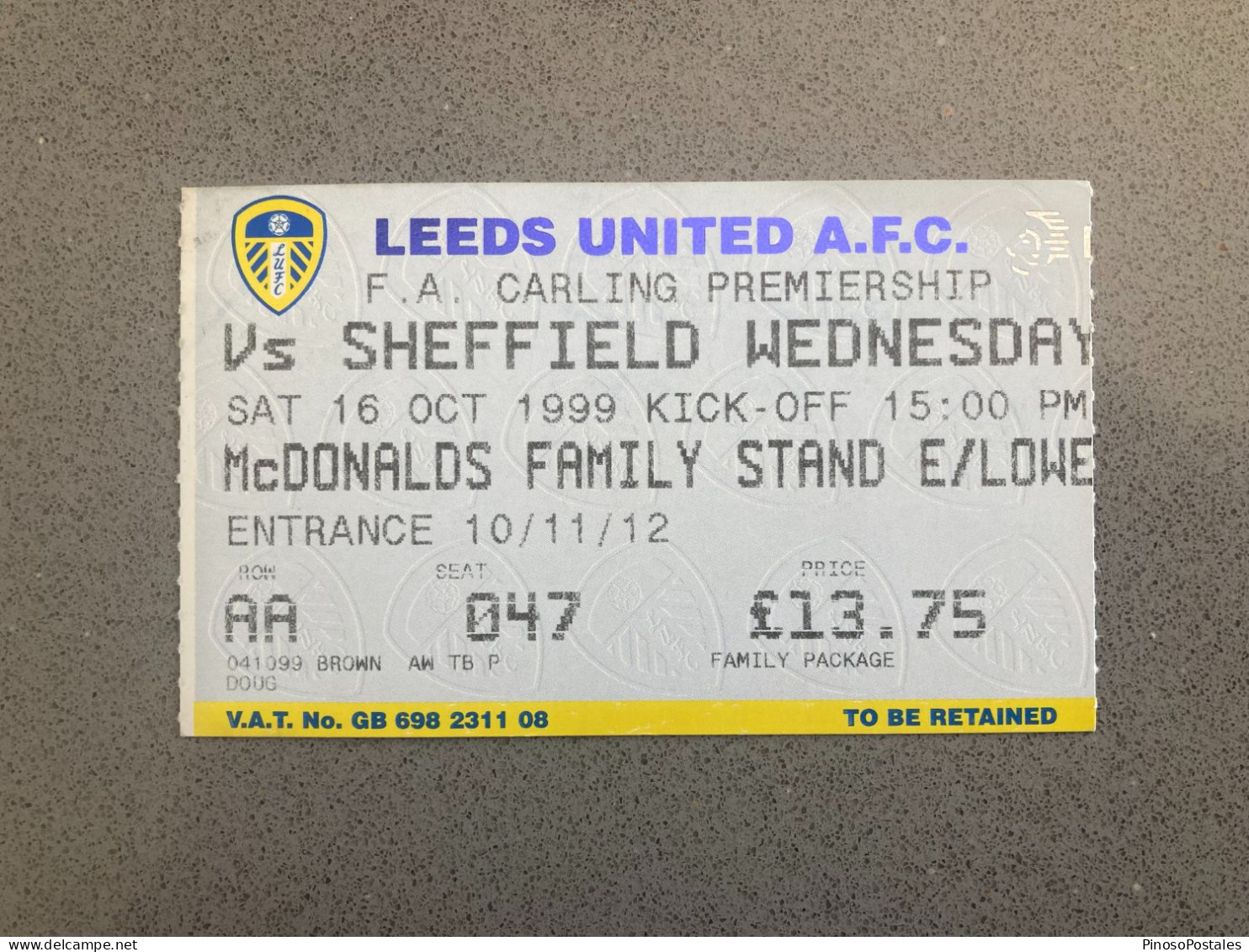 Leeds United V Sheffield Wednesday 1999-00 Match Ticket - Tickets D'entrée