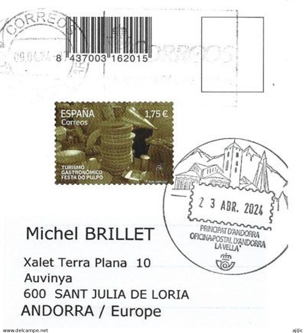 2024. Sello Turismo Gastronomico "Festa Do Pulpo" (Postcard From Torrent De Pareis Mallorca) To Andorra With Postmark - Lettres & Documents