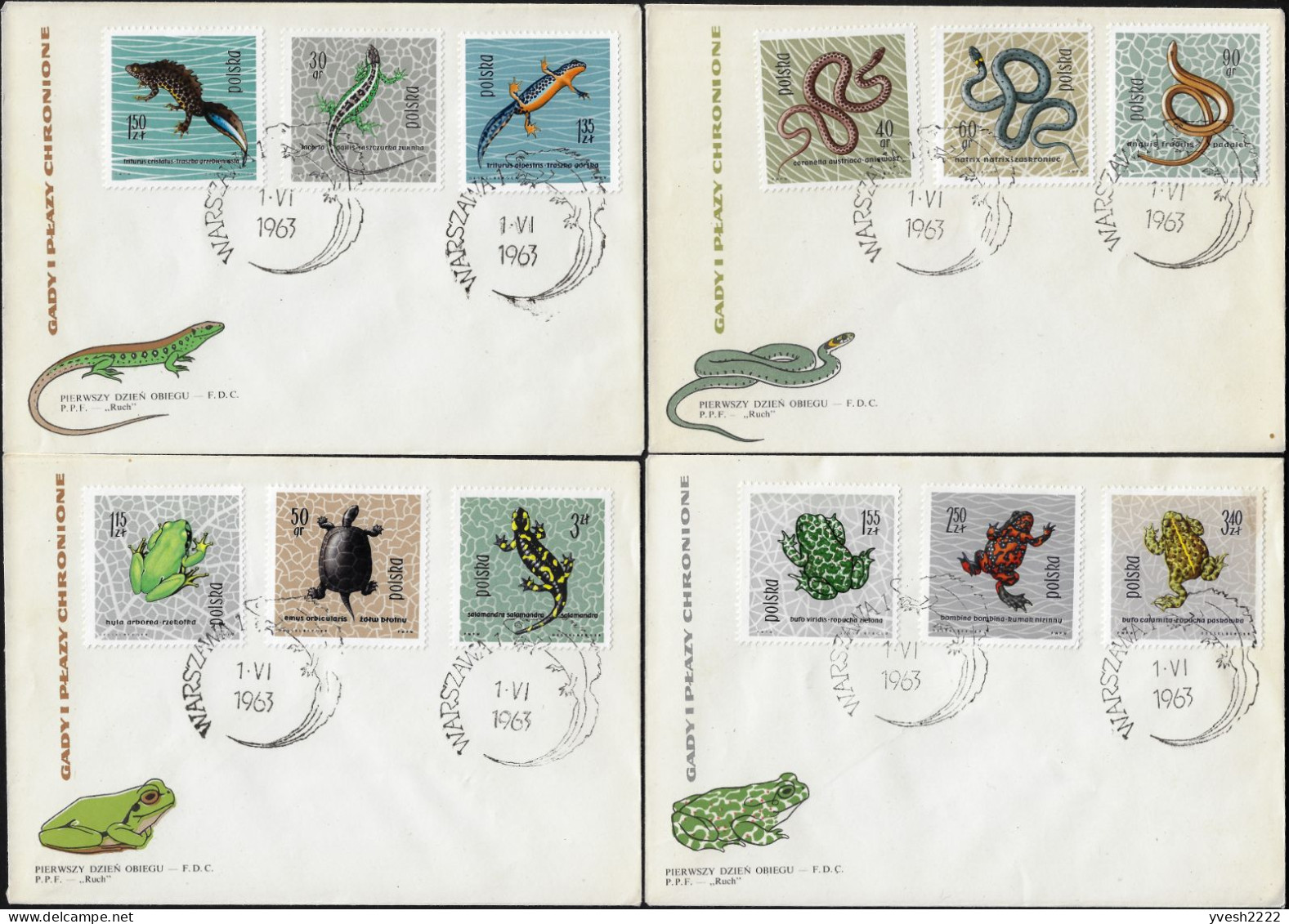 Pologne 1963 Y&T 1259 à 1270 Sur 4 FDC. Protection Des Reptiles Et Amphibiens. Grenouilles Tortue Salamandre Serpents - Frogs