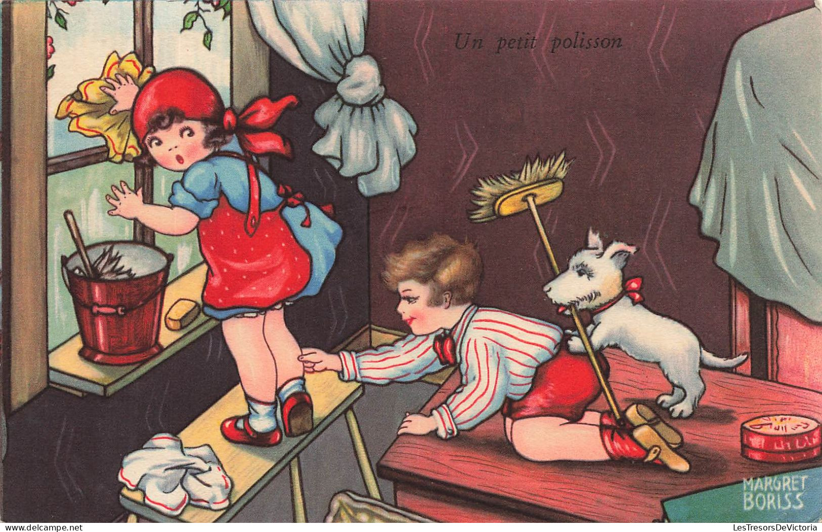 ILLUSTRATEURS - SIGNES - Boriss, Margret -  Enfants - Petite Fille - Garçon - Chien - Carte Postale Ancienne - Boriss, Margret