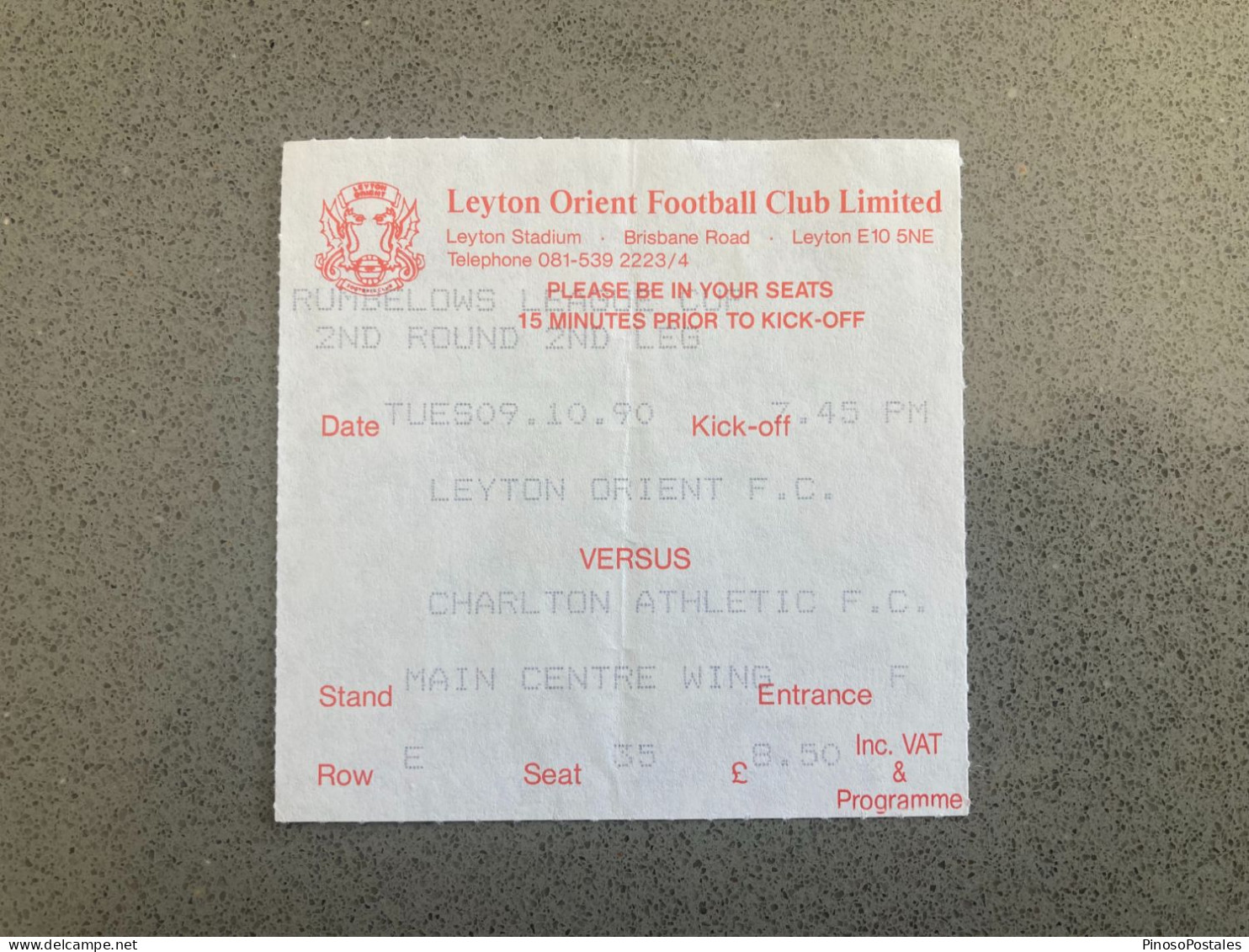 Leyton Orient V Charlton Athletic 1990-91 Match Ticket - Tickets D'entrée