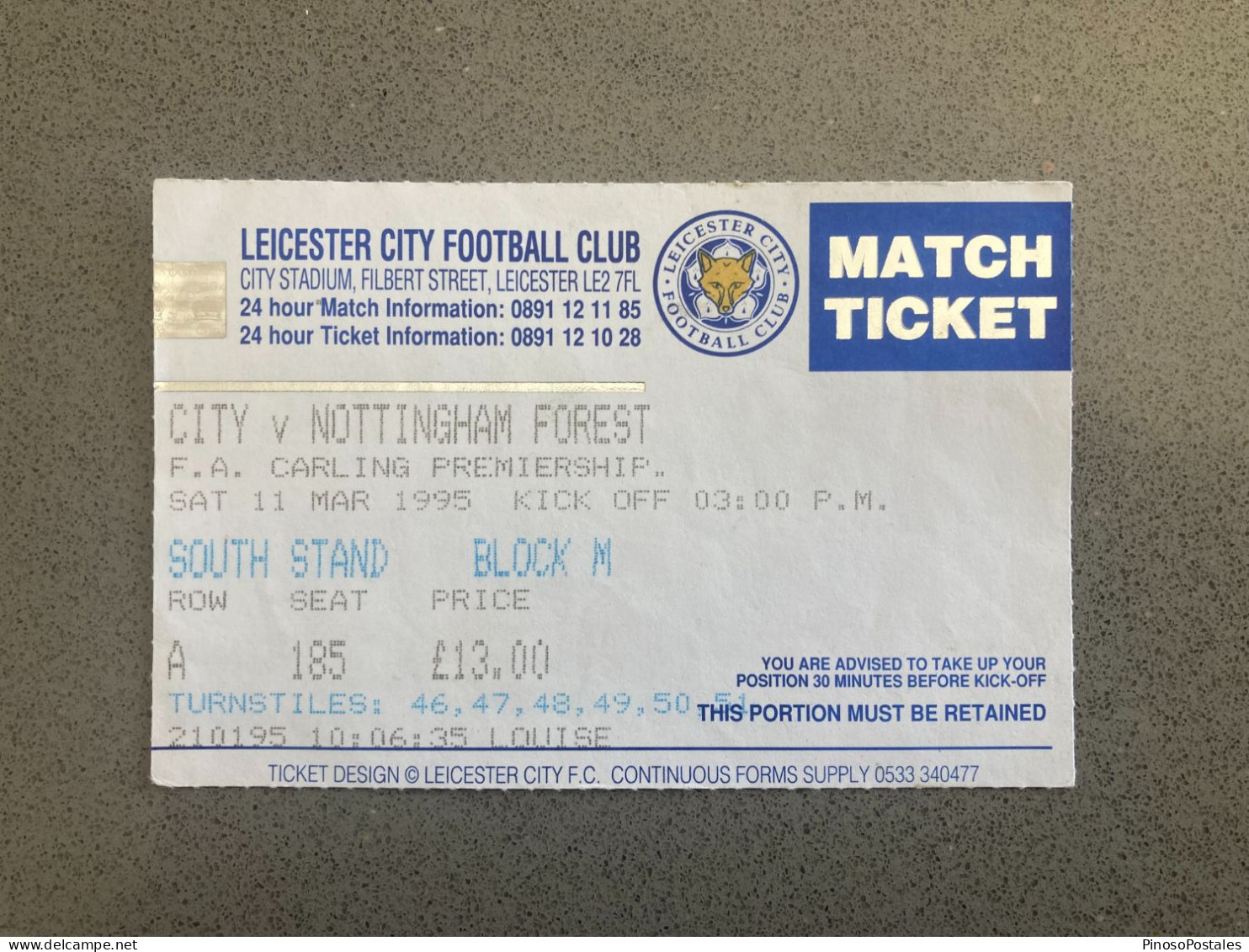 Leicester City V Nottingham Forest 1994-95 Match Ticket - Tickets D'entrée