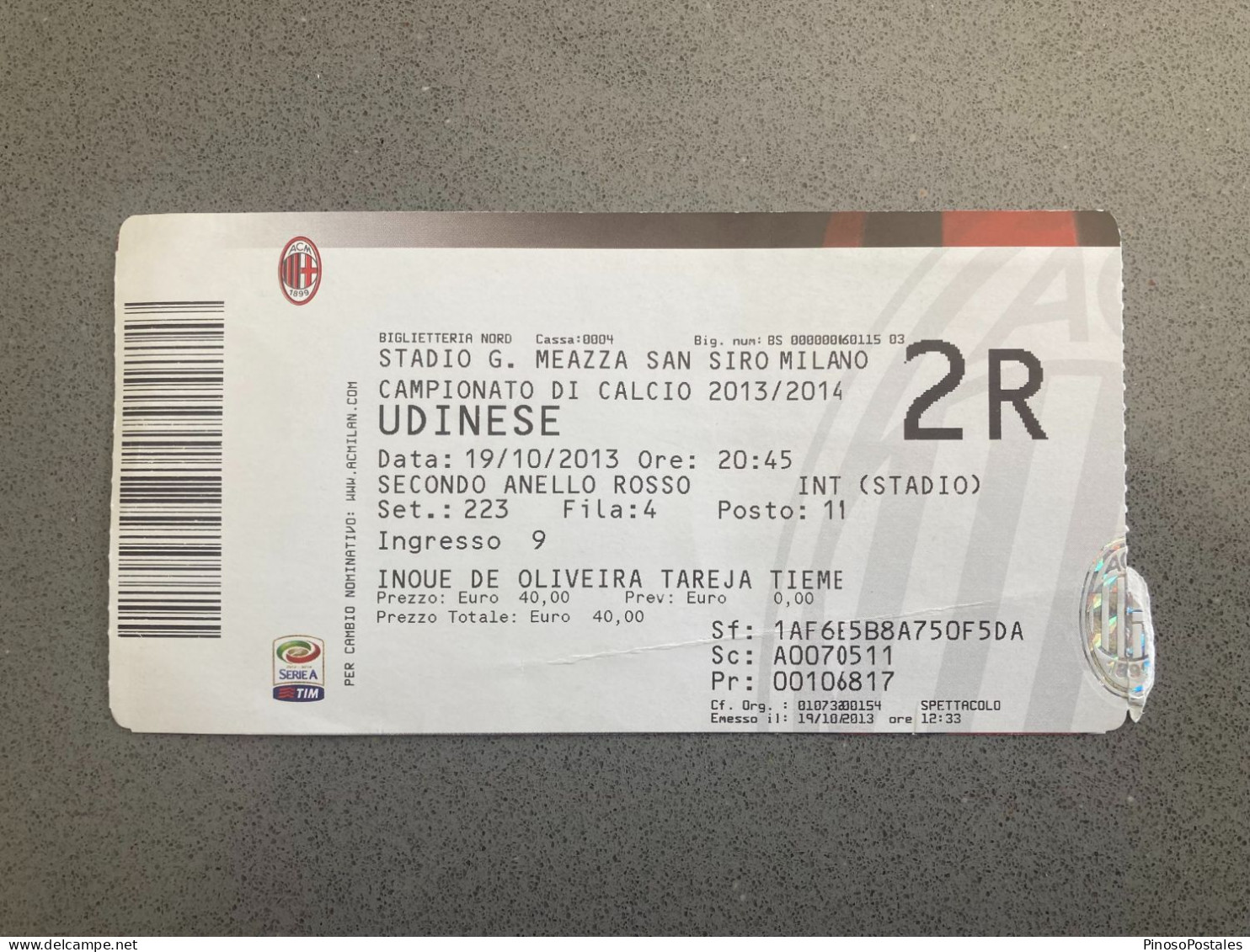 AC Milan V Udinese 2013-14 Match Ticket - Tickets D'entrée