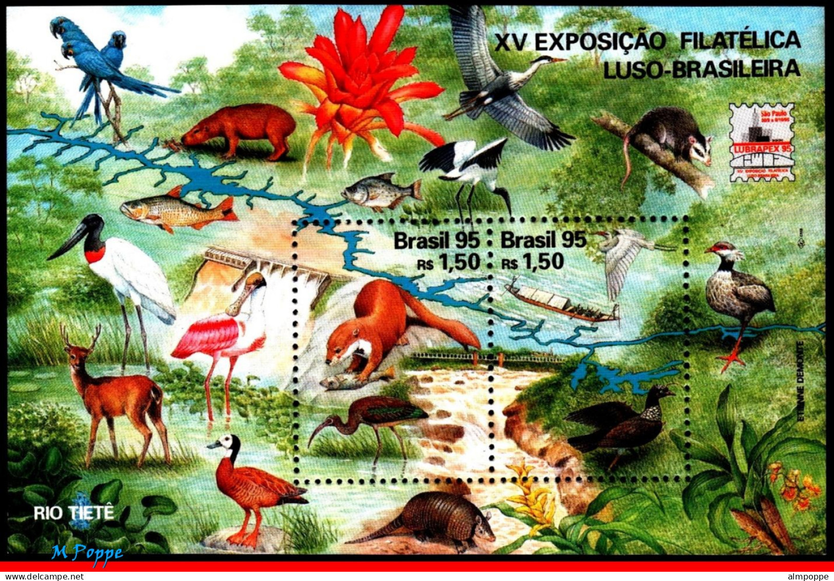 Ref. BR-2556 BRAZIL 1995 - NATURE, BIRDS, LUBRAPEX,PHIL.EXHIBITION, MI# B99, MNH, ANIMALS, FAUNA 2V Sc# 2556 - Collections, Lots & Series