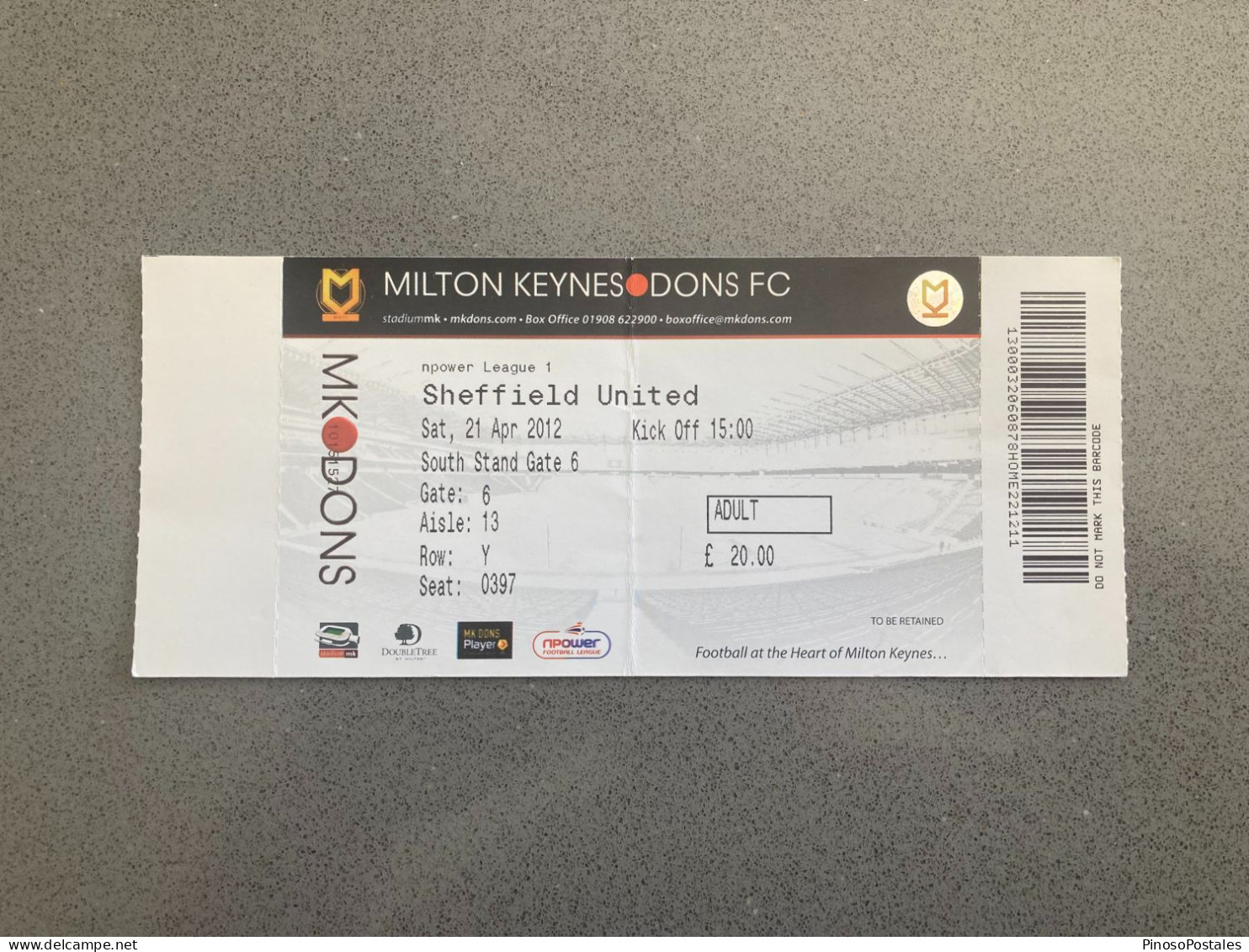 Milton Keynes Dons V Sheffield United 2011-12 Match Ticket - Match Tickets