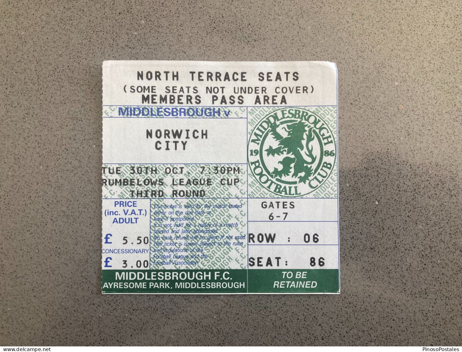 Middlesbrough V Norwich City 1990-91 Match Ticket - Tickets & Toegangskaarten