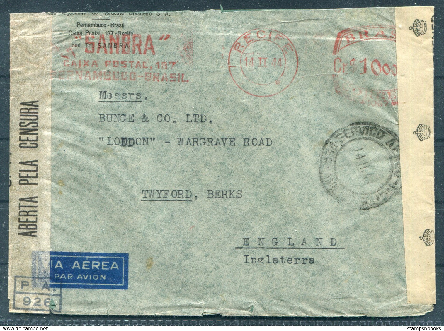 1944 Brazil Recife Franking Machine / Metermark Airmail Censor Cover - Wargrave Road, Twyford Berkshire England - Covers & Documents