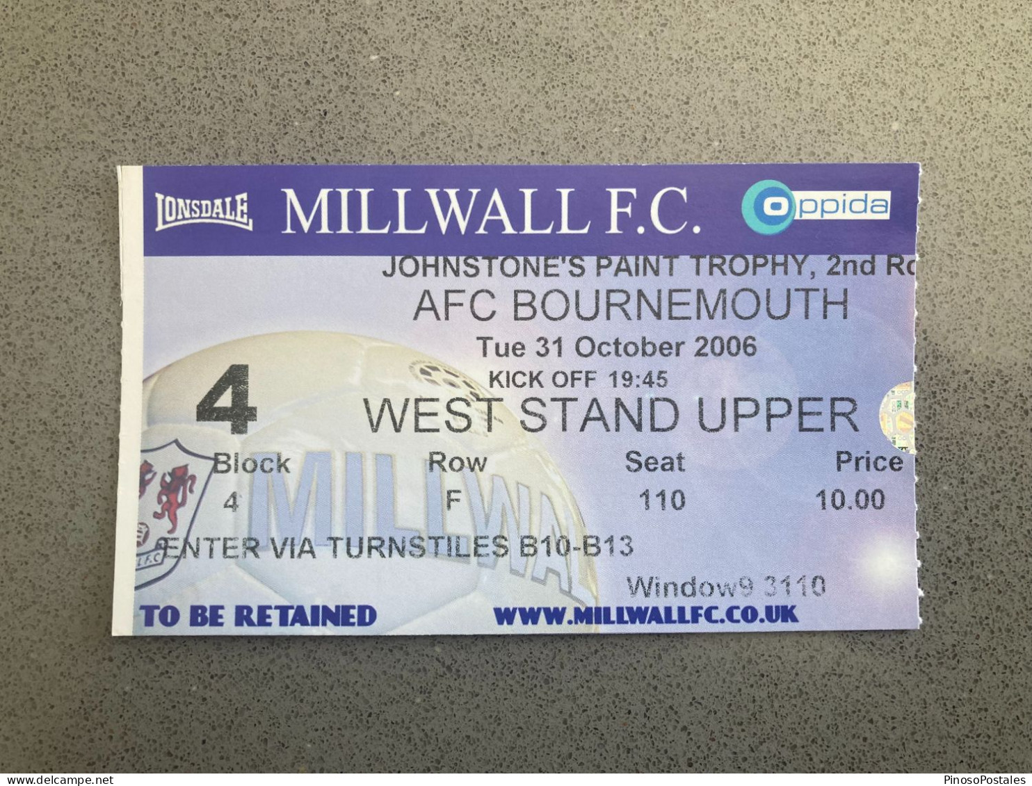 Millwall V Bournemouth 2006-07 Match Ticket - Tickets D'entrée