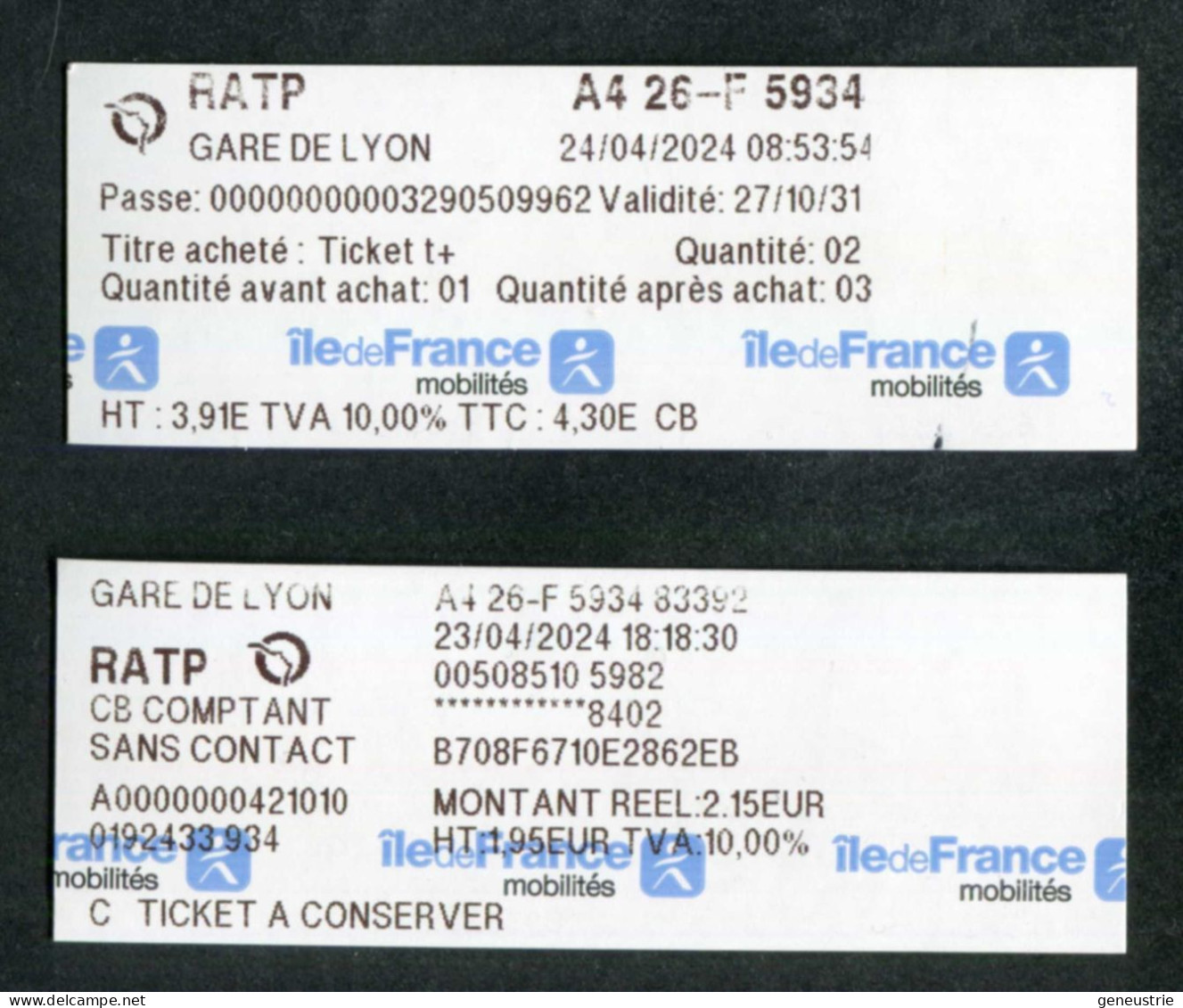 Lot De 2 Tickets (facture, Reçu) De Metro, Bus - Paris Gare De Lyon - RATP - Train Ticket "Ile-de-France Mobilité" - Europe