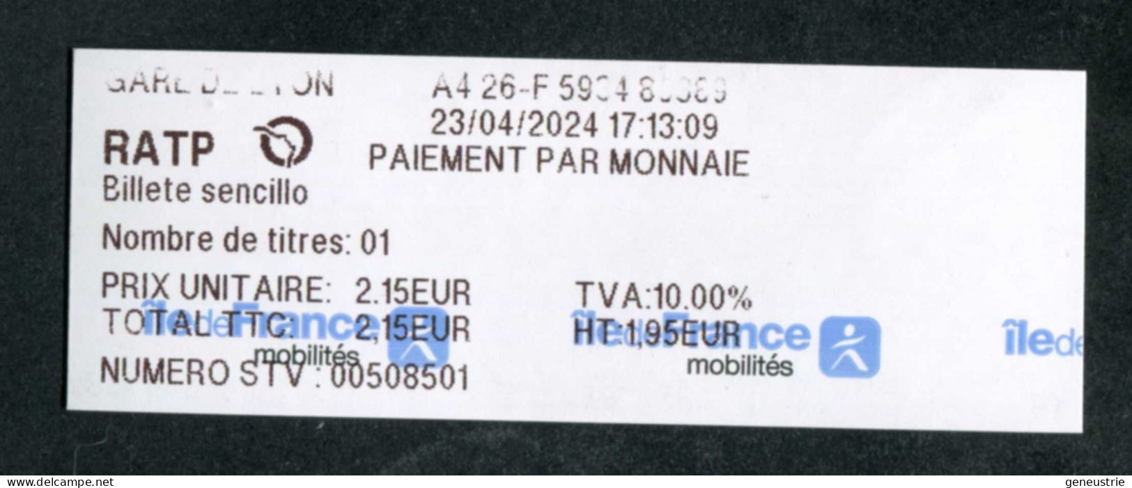 Tickets (reçu) de metro, bus (Version espagnole) Paris Gare de Lyon - RATP - Train ticket "Ile-de-France Mobilité"