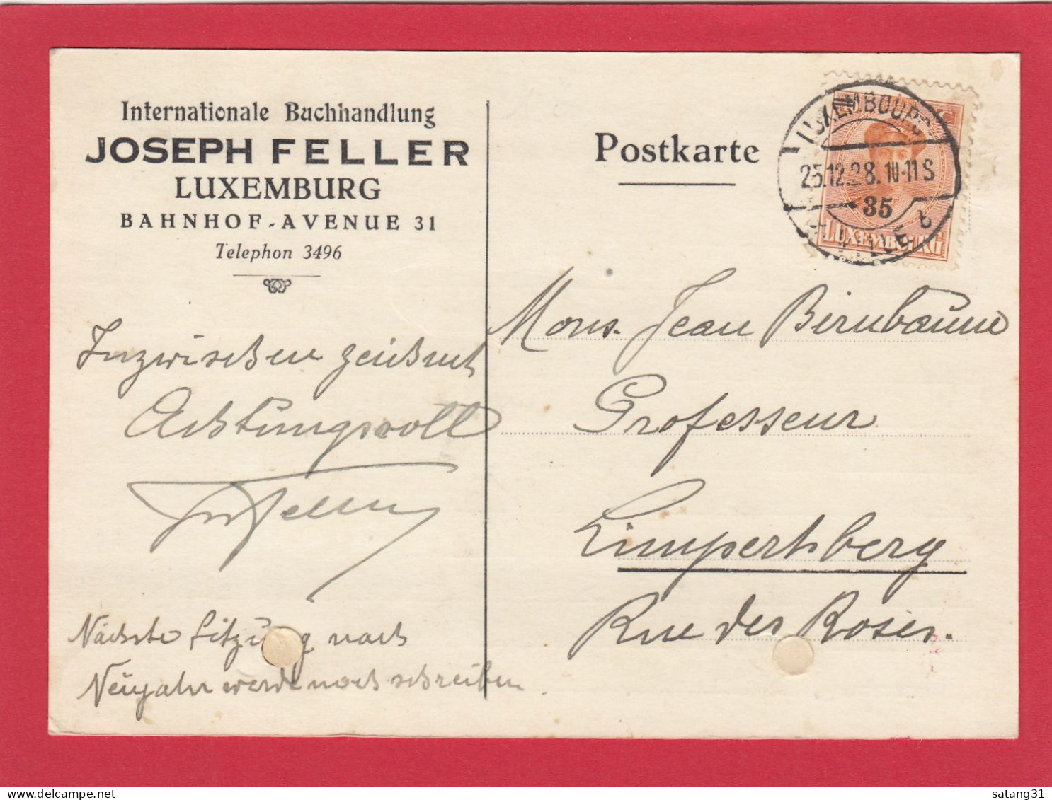 INTERNATIONALE BUCHHANDLUNG,JOSEPH FELLER,LUXEMBURG.POSTKARTE NACH LIMPERSTBERG,1928. - Covers & Documents