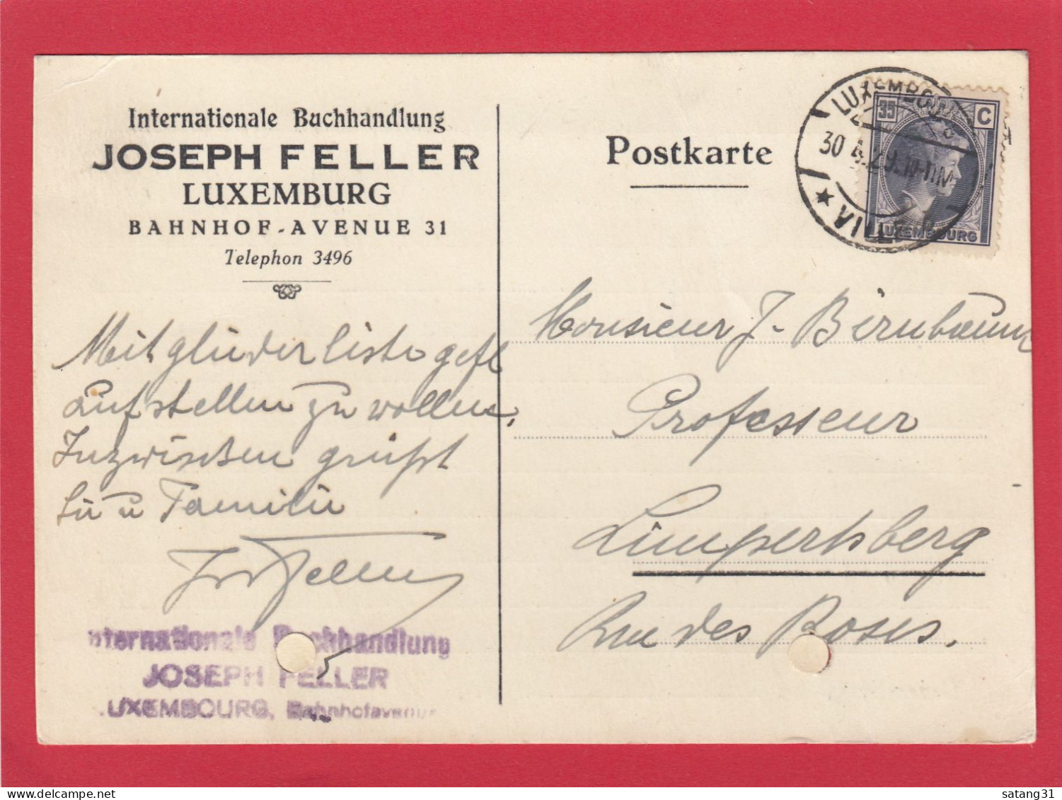 INTERNATIONALE BUCHHANDLUNG,JOSEPH FELLER,LUXEMBURG.POSTKARTE NACH LIMPERSTBERG,1929. - Cartas & Documentos