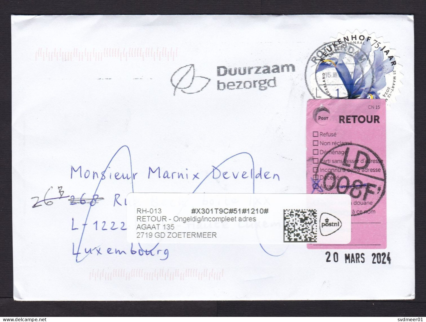 Netherlands: Cover To Luxembourg, 2024, 1 Odd-shaped Stamp, Flower, Returned, 2x Retour Label, Cancel (minor Damage) - Briefe U. Dokumente