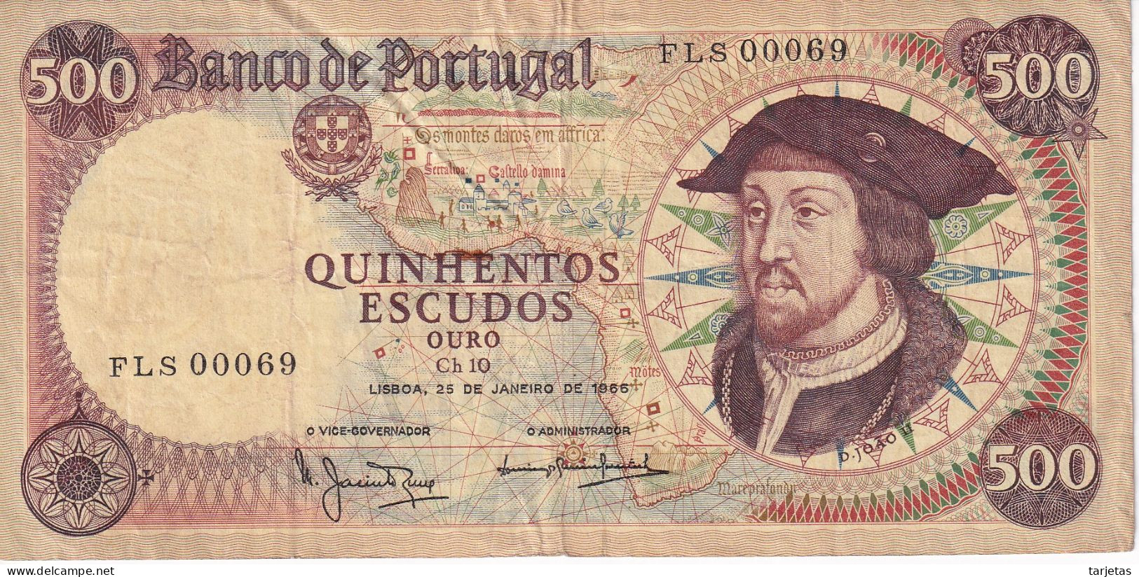 00069 BILLETE DE PORTUGAL DE 500 ESCUDOS DEL AÑO 1966 NUMERO MUY BAJO  (BANKNOTE) - Portugal